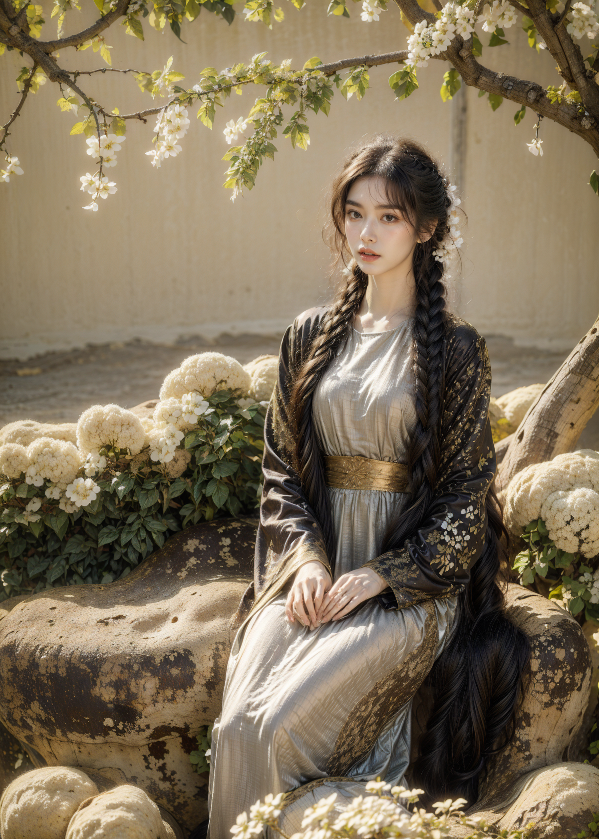 00305-570564590-mid shot of A 21year-old girl sitting on a rock in a garden, outdoor, long black braided hair, long dress, (many branches of whi.png